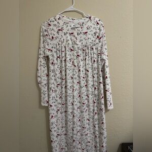 White Long Sleeve Floral Nightgown with Red Bird Print